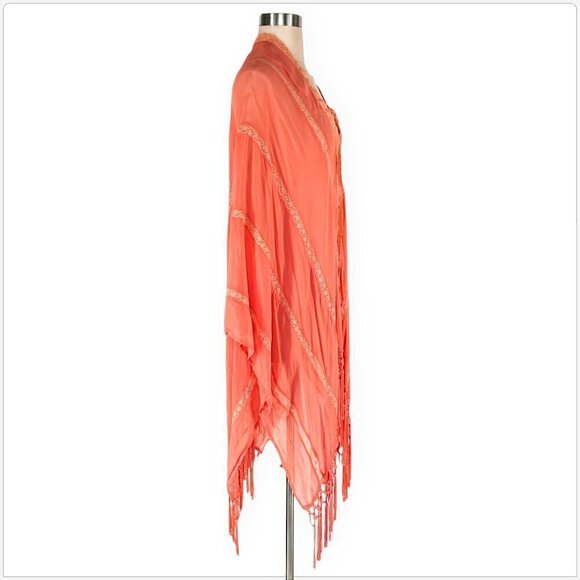 Free People Muche Et Muchette Rory Ruana Shawl Fringe Wrap Coral Peach Boho O/S - Picture 2 of 8